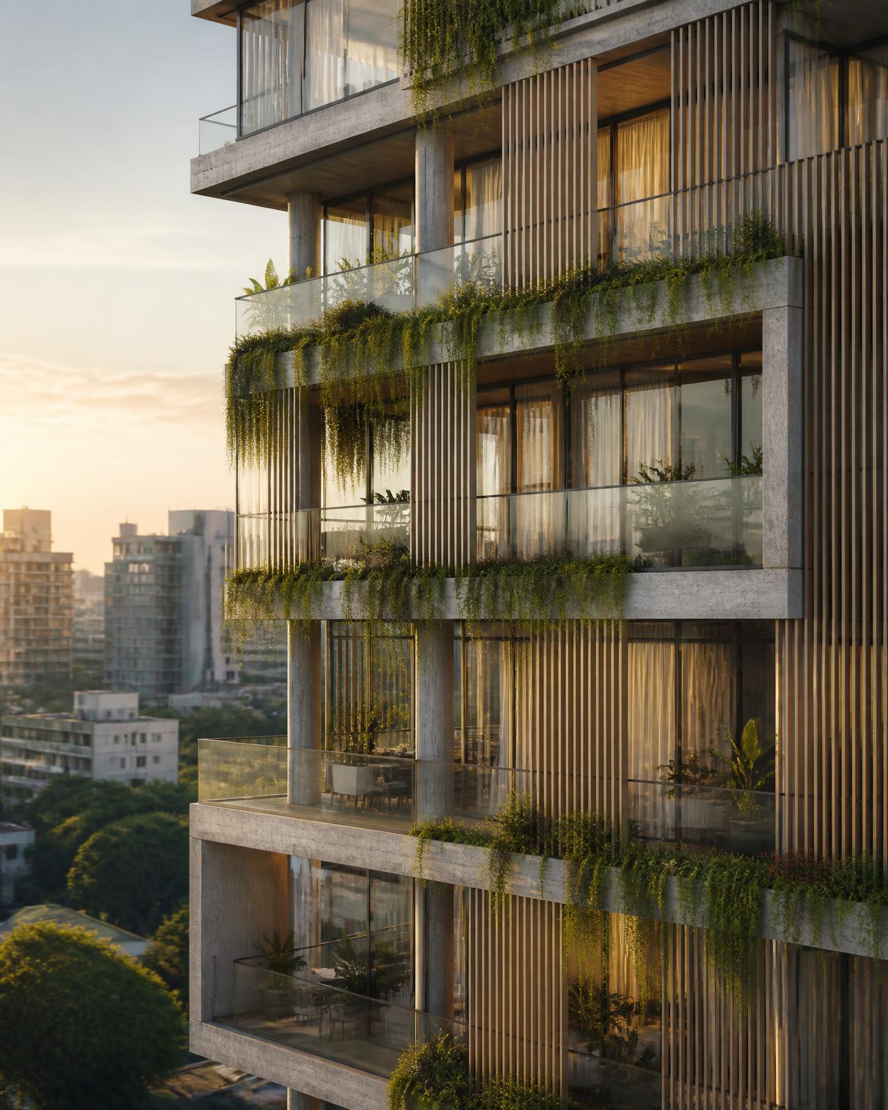 Fachada envidraçada com concreto aparente, brises amadeirados e jardins suspensos