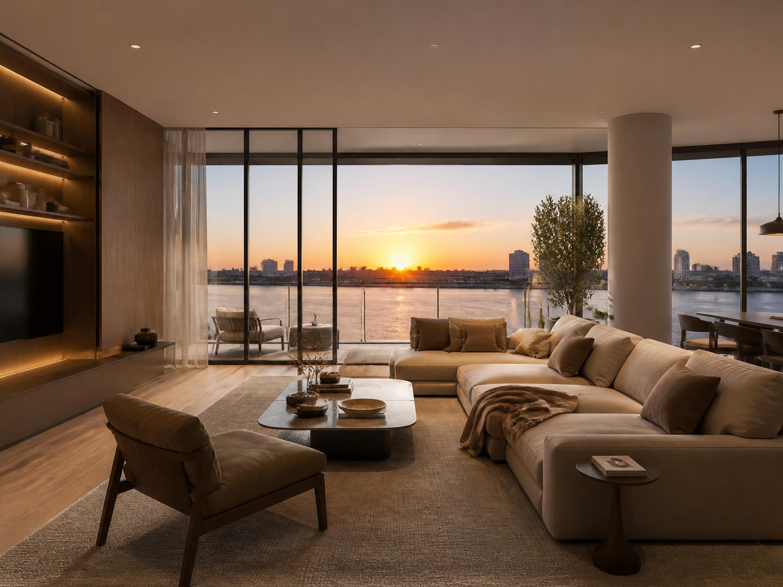 Render do living do apartamento 2103, com esquadrias piso-teto voltadas ao pôr do sol