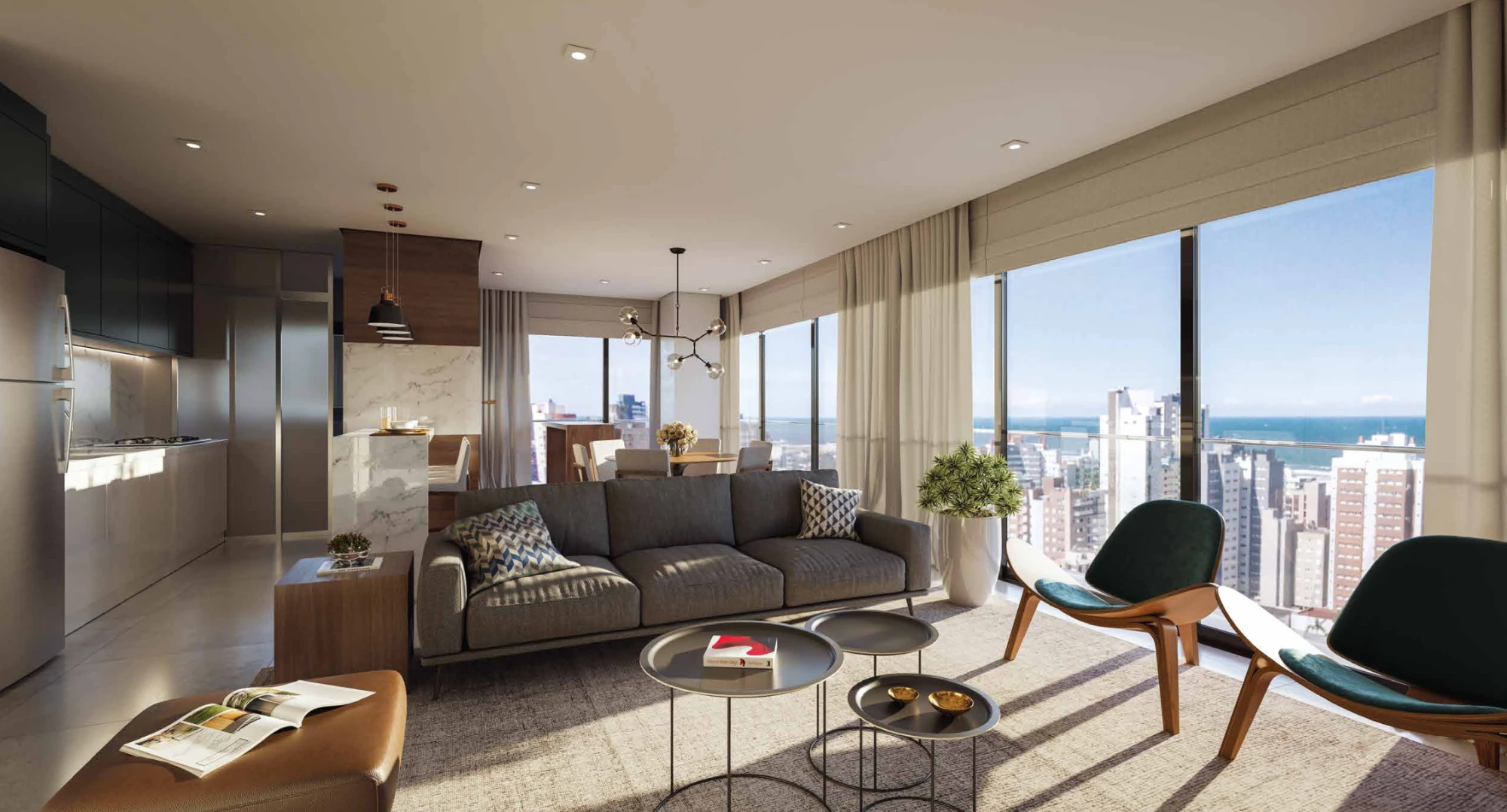 Living do apartamento final 05 do Mirage Residencial, com janelas de canto em toda a extensão social e vista aberta para o mar e para a cidade de Torres