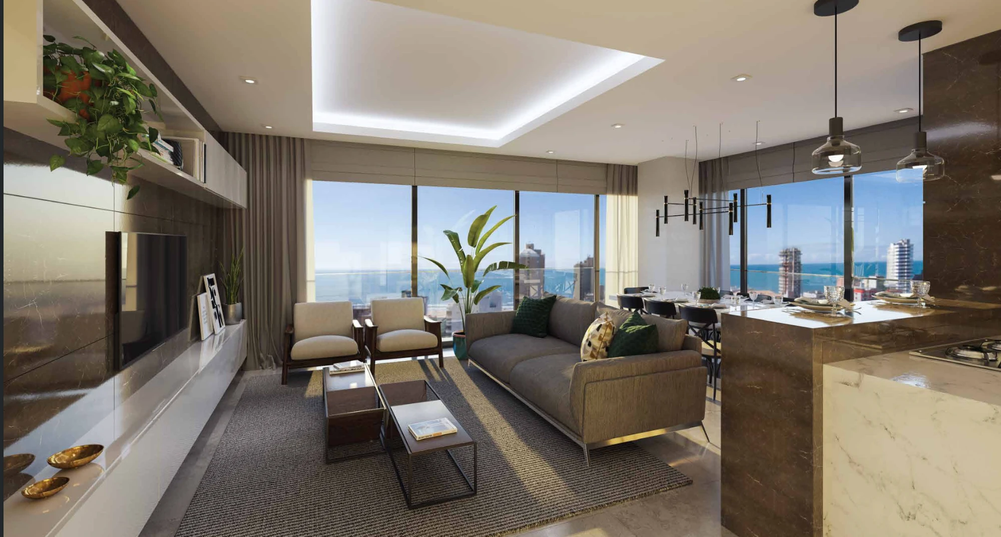 Living do apartamento final 06 do Mirage Residencial, com painel de mármore, mesa de jantar para oito lugares e vista para o mar