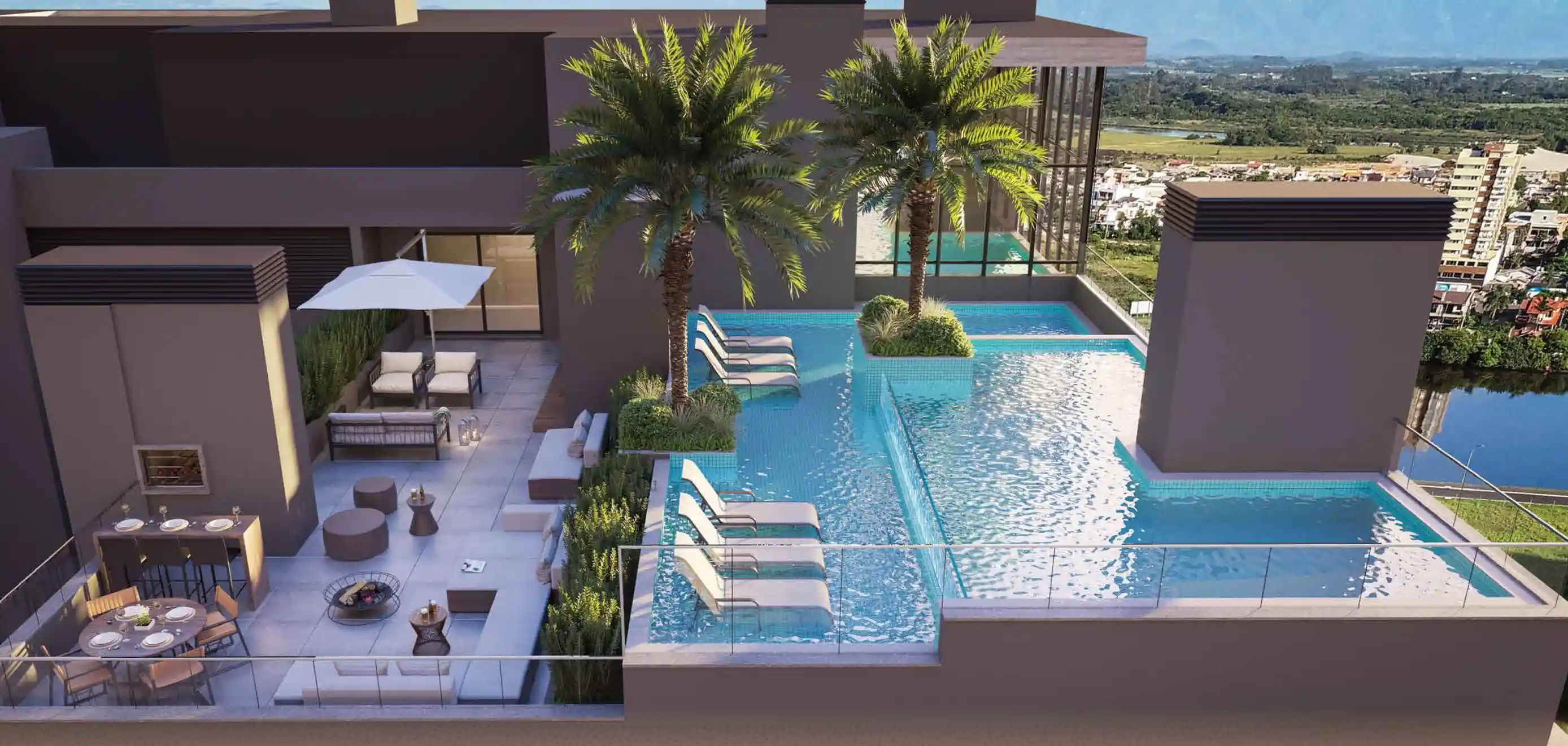 Vista aérea do rooftop do Mirage Residencial, com piscina externa aquecida, prainha, espreguiçadeiras, palmeiras, lounge com lareira e espaço gourmet