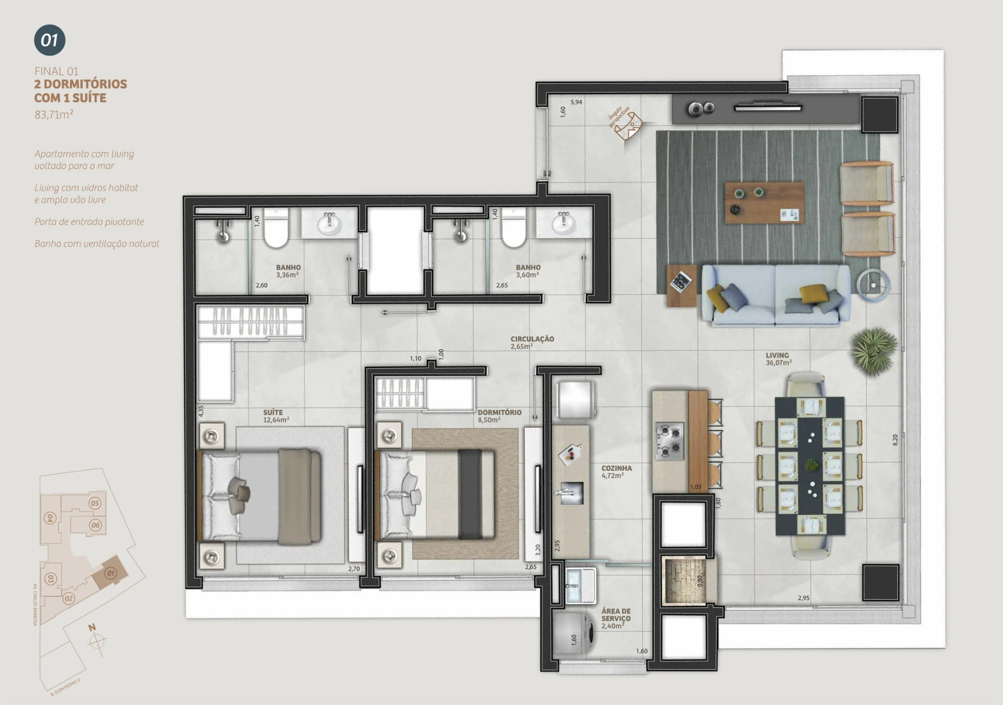Planta do apartamento final 01 do Mirage Residencial, em Torres: 2 dormitórios com 1 suíte, living de 36,07 m² voltado para o mar, cozinha integrada e área de serviço, 83,71 m² no total