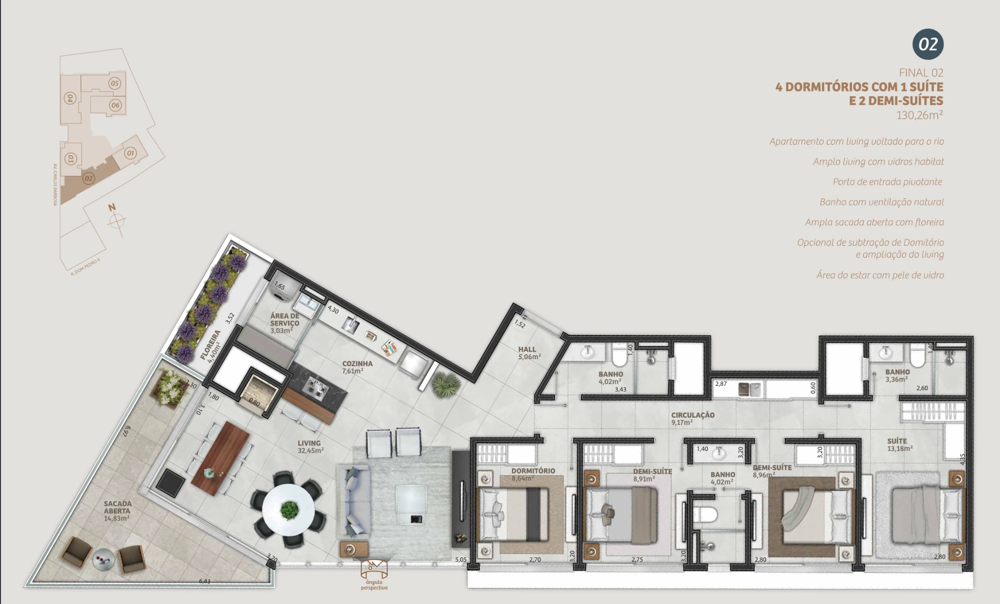 Planta do apartamento final 02 do Mirage Residencial, em Torres: 4 dormitórios com 1 suíte e 2 demi-suítes, living de 32,45 m² voltado para o rio, sacada aberta de 14,83 m² com floreira, 130,26 m² no total