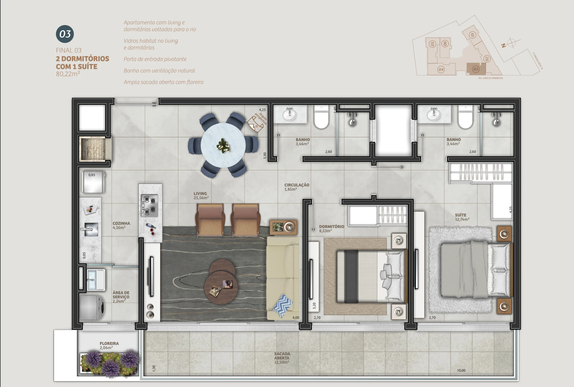 Planta do apartamento final 03 do Mirage Residencial, em Torres: 2 dormitórios com 1 suíte, living voltado para o rio, sacada aberta de 12,50 m² e floreira, 80,22 m² no total