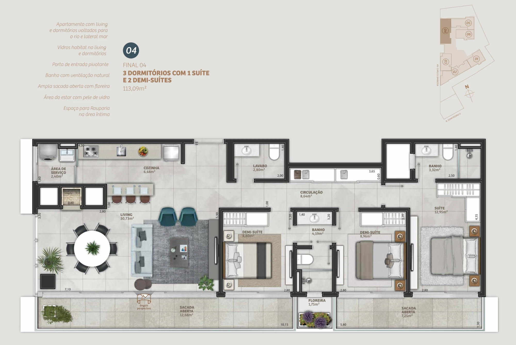 Planta do apartamento final 04 do Mirage Residencial, em Torres: 3 dormitórios com 1 suíte e 2 demi-suítes, living de 30,73 m², duas sacadas abertas e lavabo