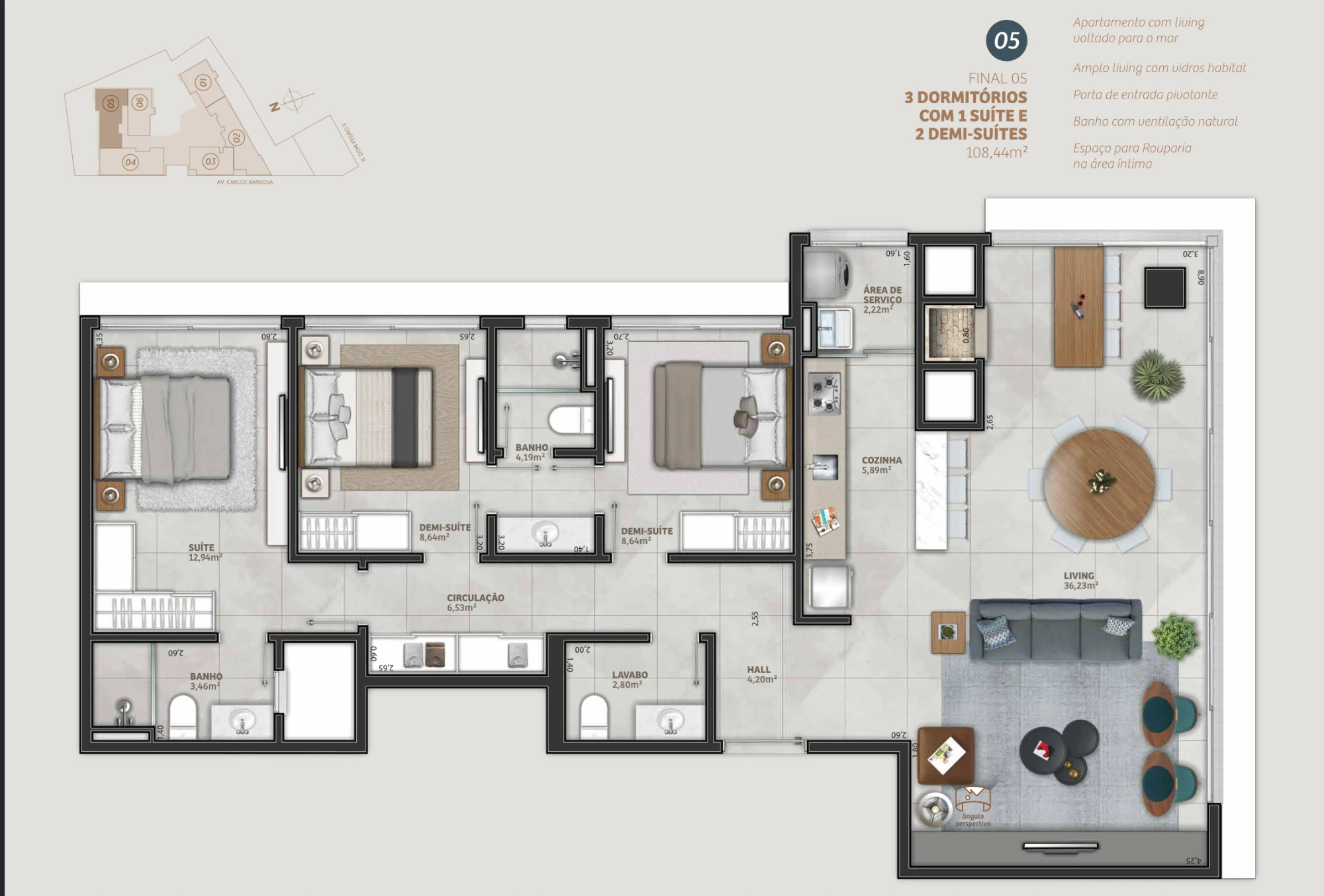 Planta do apartamento final 05 do Mirage Residencial, em Torres: 3 dormitórios com 1 suíte e 2 demi-suítes, living de 36,23 m² voltado para o mar, lavabo e área de serviço, 108,44 m² no total