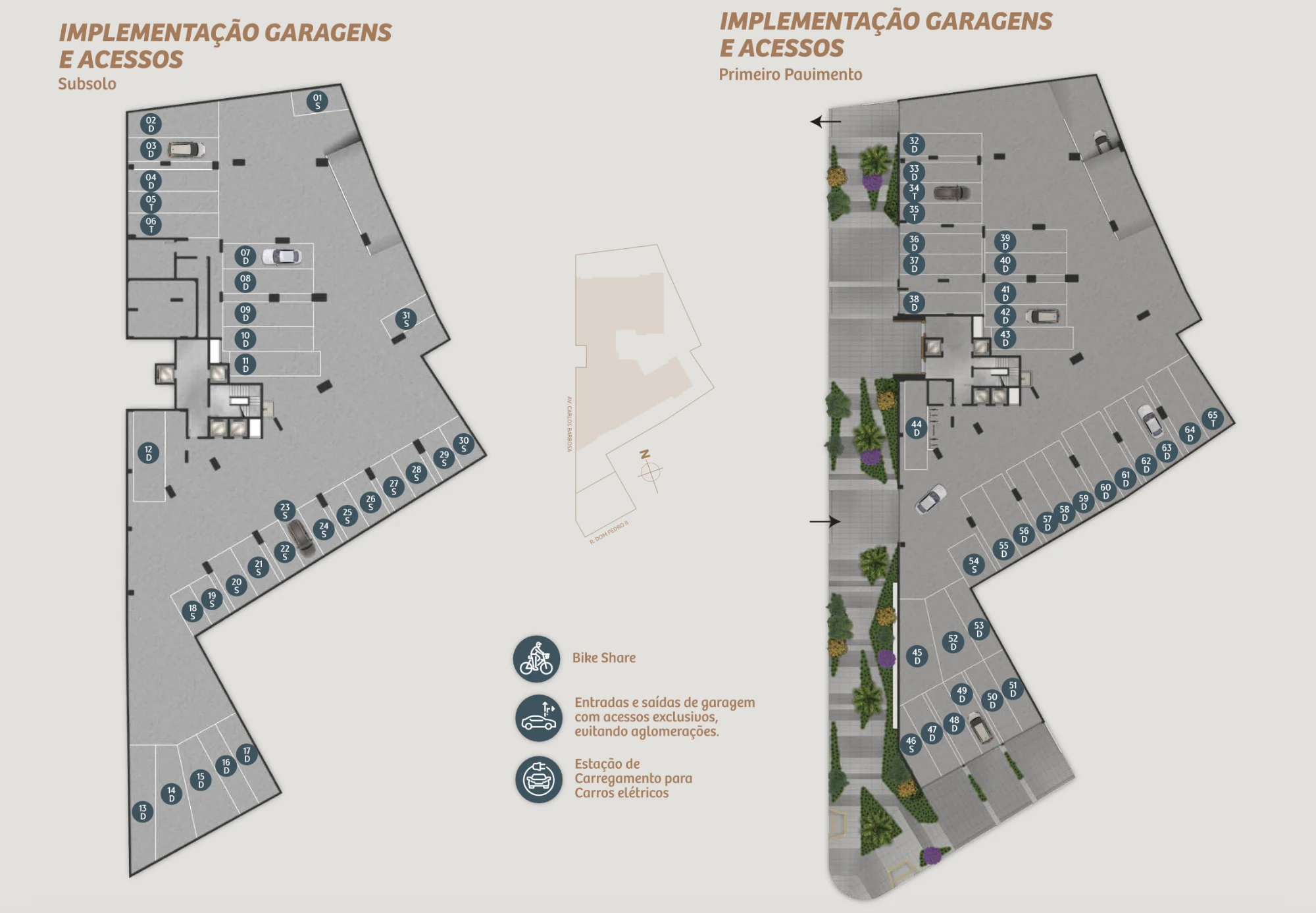 Plantas das garagens do Mirage Residencial: subsolo e primeiro pavimento, com boxes numerados, acessos de entrada e saída, bike share e estação de carregamento para carros elétricos