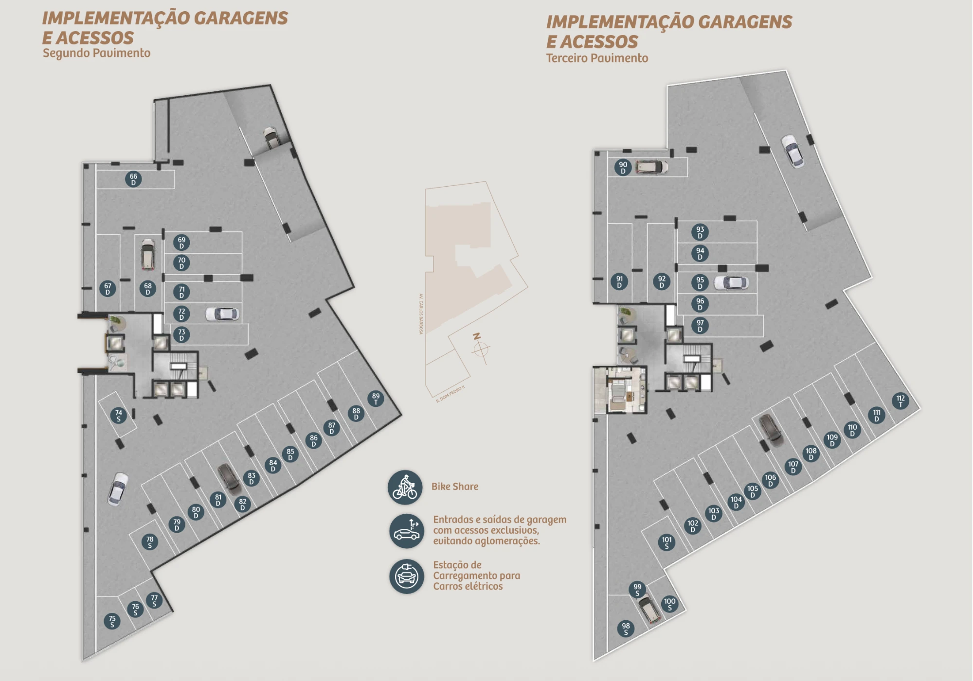 Plantas das garagens do Mirage Residencial: segundo e terceiro pavimentos, com boxes numerados e acessos exclusivos