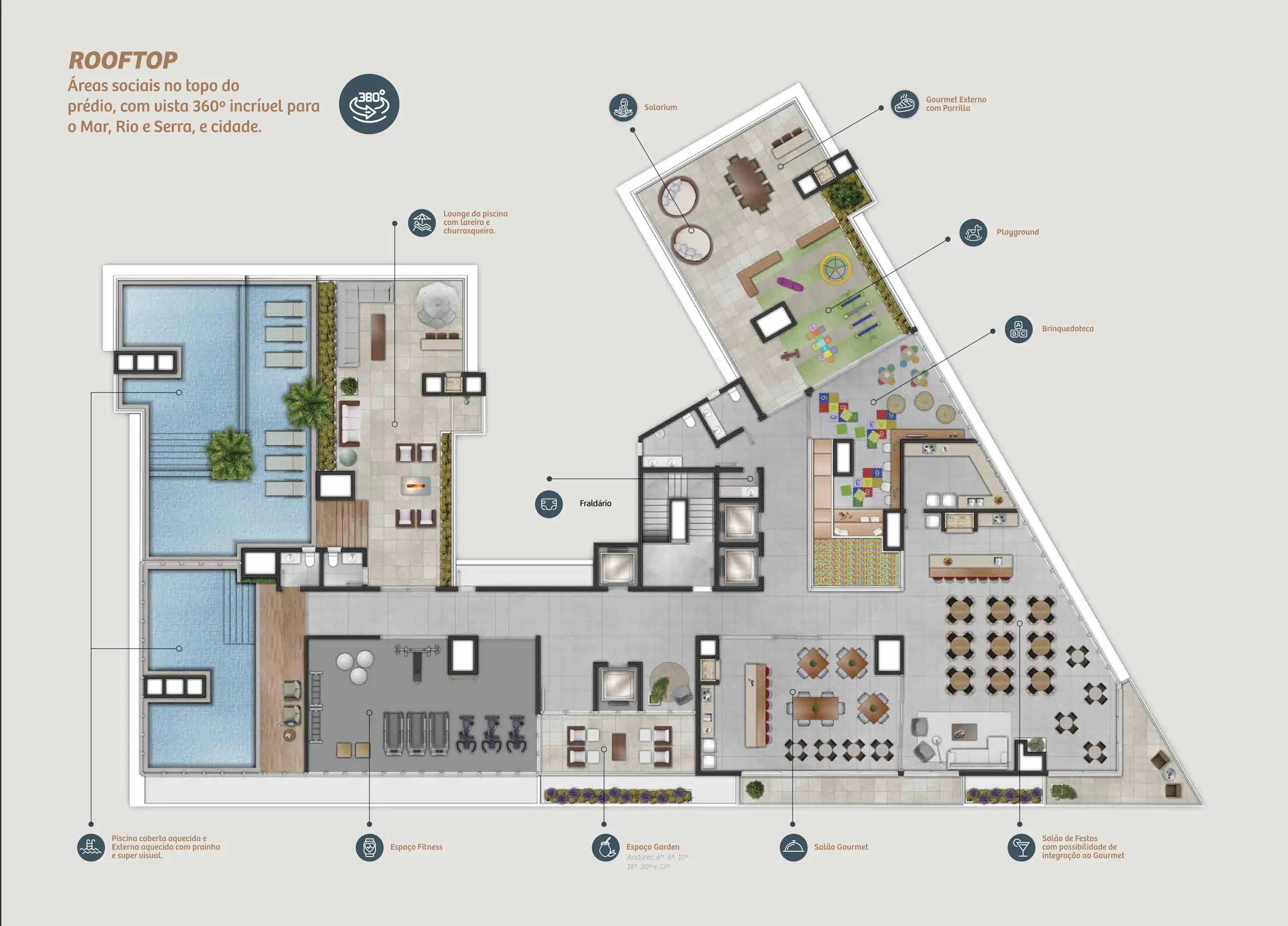 Planta do rooftop do Mirage Residencial, em Torres: piscina coberta aquecida e piscina externa com prainha, lounge com lareira e churrasqueira, espaço fitness, solarium, gourmet externo com parrilla, salão gourmet, salão de festas, brinquedoteca, fraldário e playground