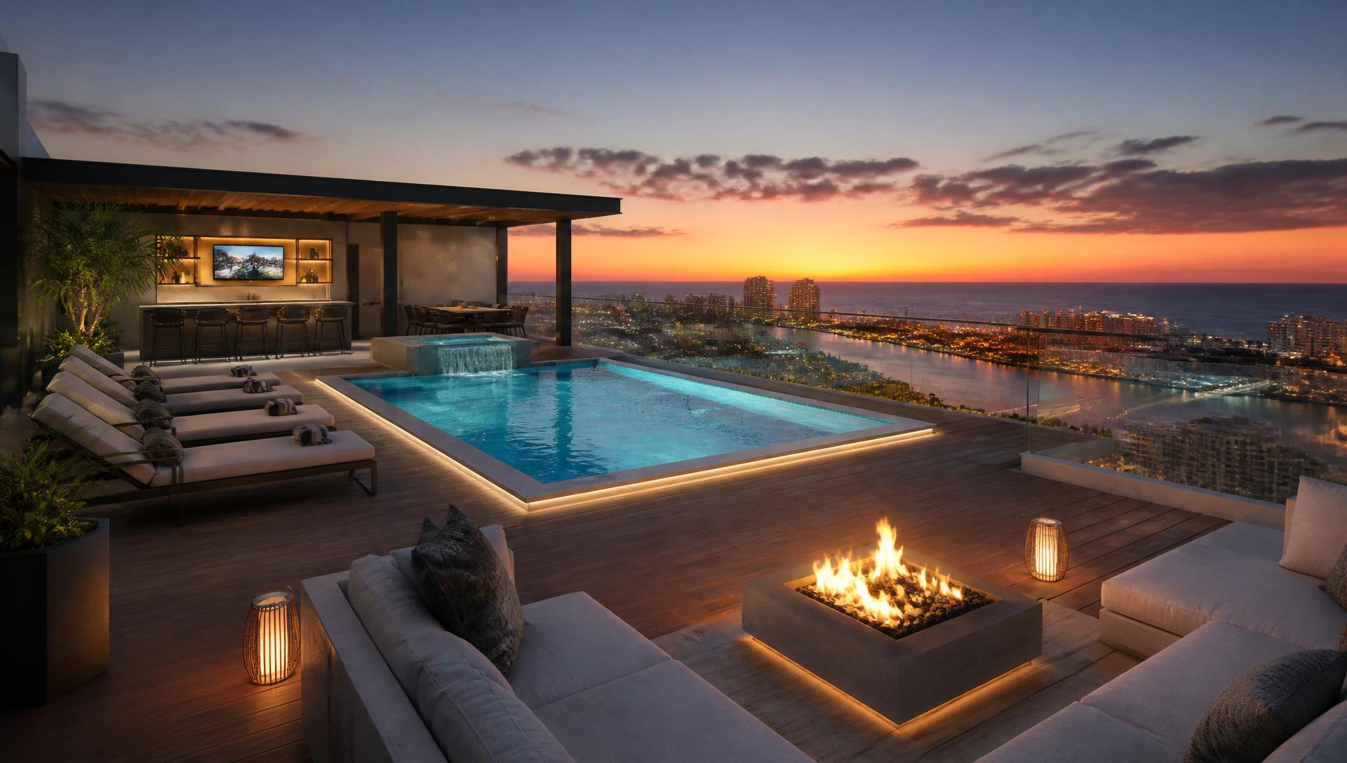Rooftop do Mirage Residencial com piscina aquecida e vista panorâmica